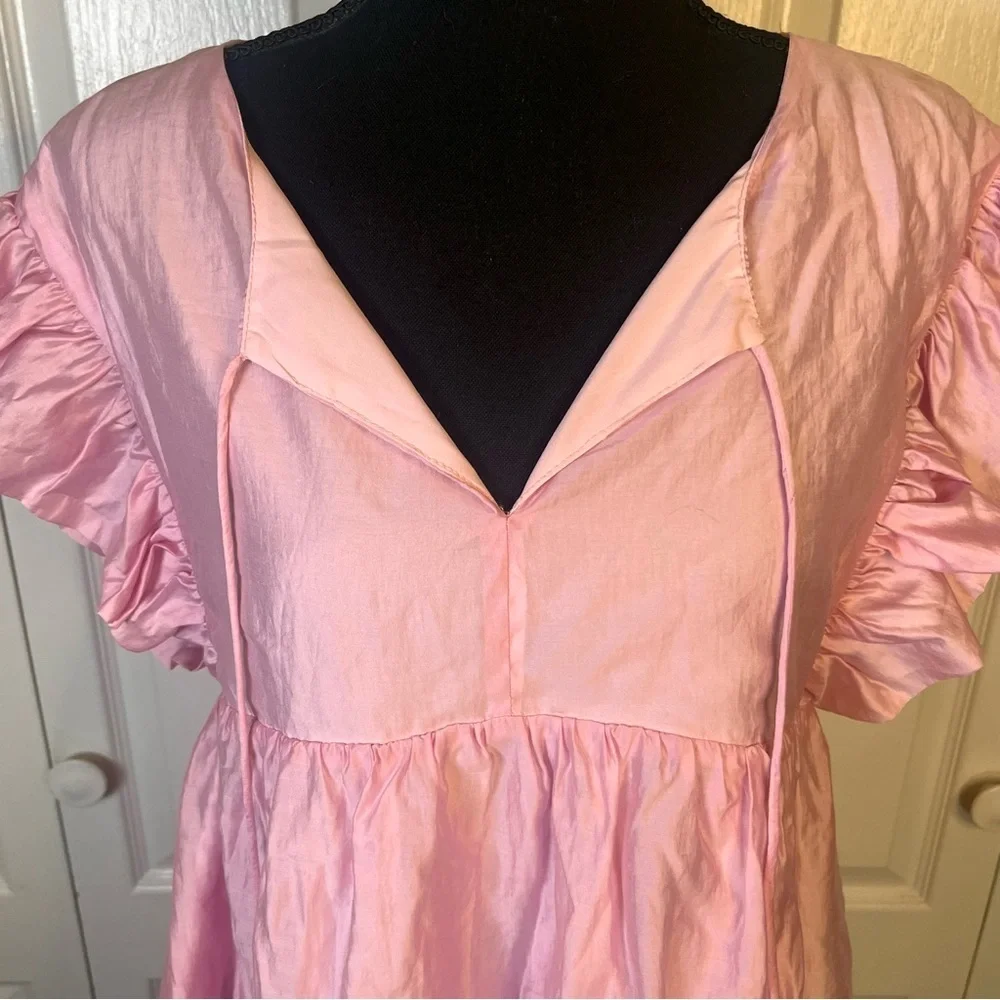 Storia Pink Babydoll Mini Dress Sz M V Neck Flitter Sleeves Satin Sheen Rush